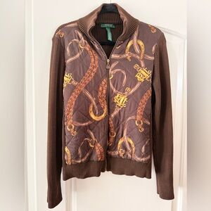 Ralph Lauren Equestrian Brown Sweater with Gold Zipper, Size Large
